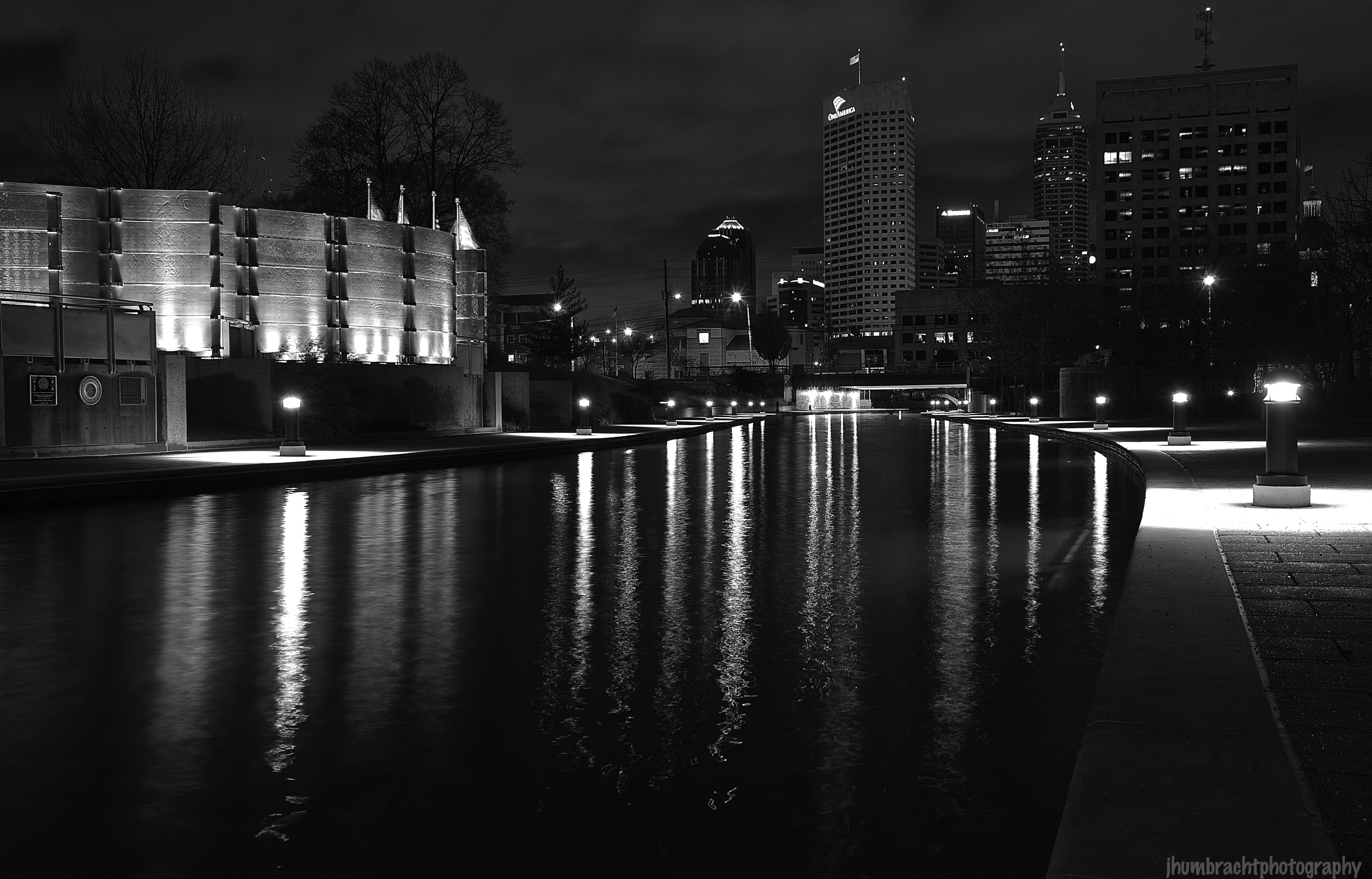 Indianapolis Skyline | Canal Walk | Black & White | Image By Indiana Architectural Photographer Jason Humbracht