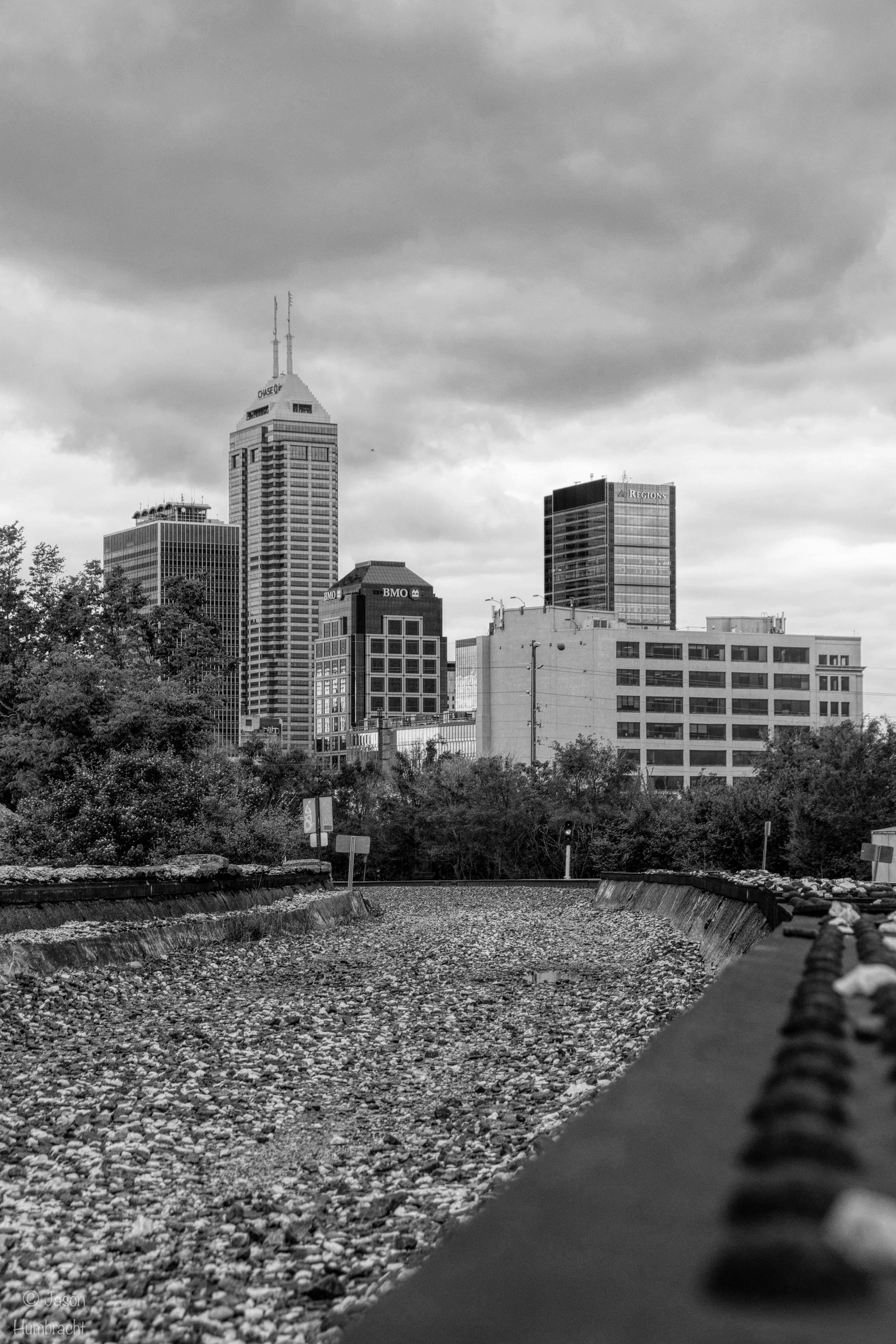Train Tracks | Indianapolis Skyline | Black & White | Image By Indiana Architectural Photographer Jason Humbracht